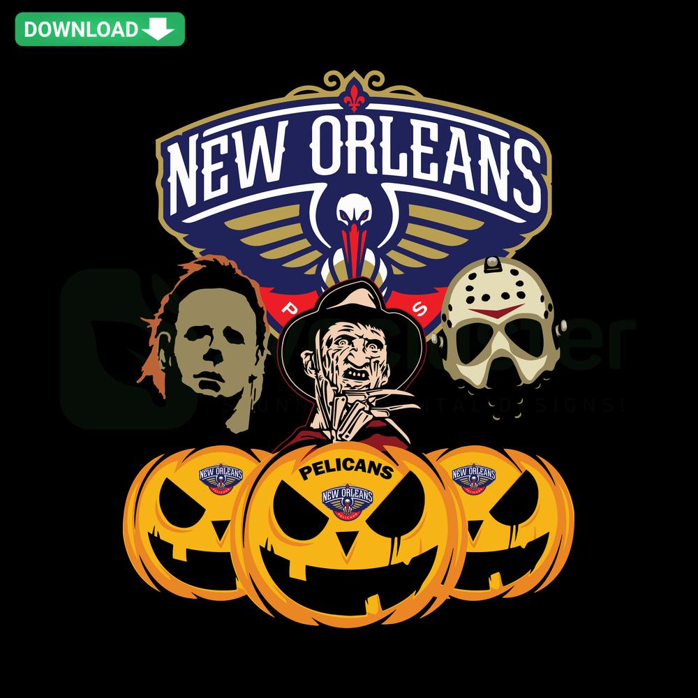 Halloween Horror Movie Pumpkin SVG with New Orleans Pelicans Logo, Ideal for Craft Patterns and Spooky DIY Projects