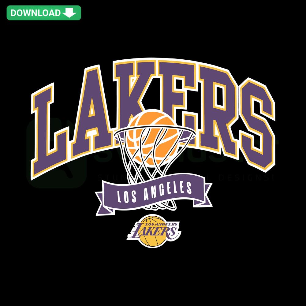 Vintage NBA LA Lakers basketball SVG design for scrapbooking, featuring iconic team colors and classic logo elements. Digital download.
