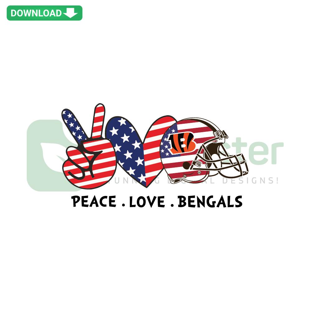 Patriotic Independence Day Cincinnati Bengals SVG with peace and love symbols, perfect for printable digital crafts and designs.