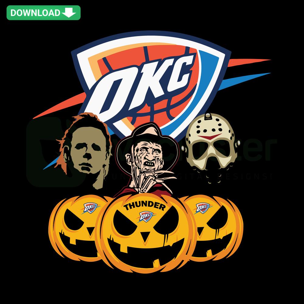 Halloween Horror Movie Pumpkin OKC Thunder SVG, Instant Cricut Download, spooky design with OKC logo & carved pumpkin face