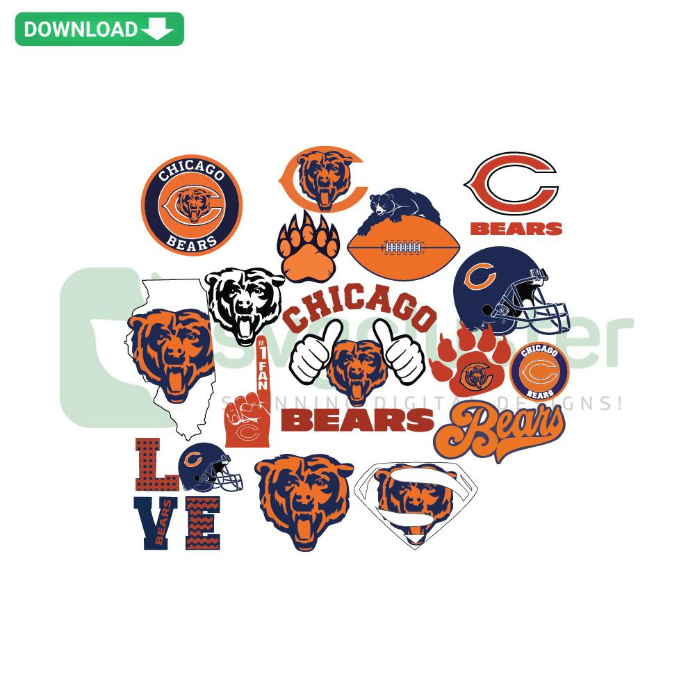 Chicago Bears Football Bundle SVG: 16 NFL-themed Cricut designs featuring team logo, players, and mascots for crafts and projects.