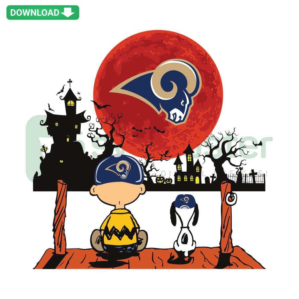 Charlie Brown & Snoopy watching Los Angeles Rams, SVG for T-Shirts, cartoon style, sports fan design.