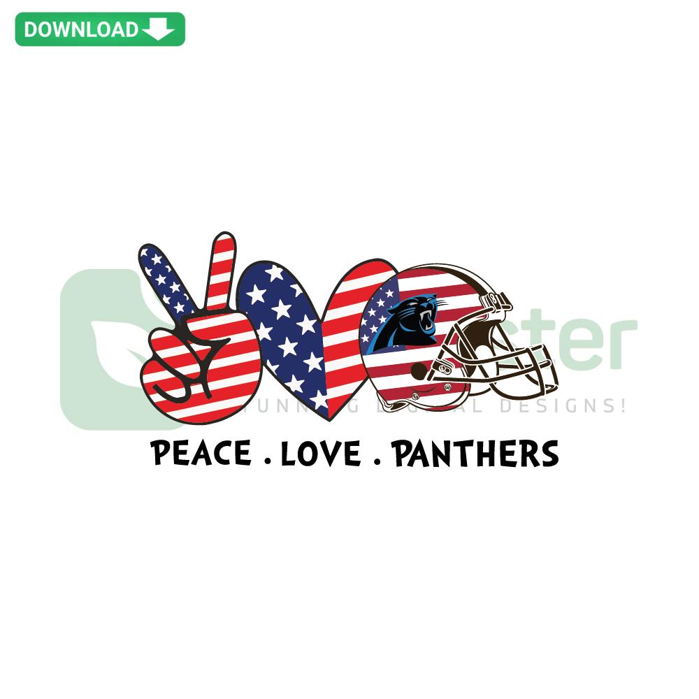 Independence Day Peace Love Carolina Panthers SVG featuring patriotic colors, peace sign, heart, and team logo. Download SVG images.