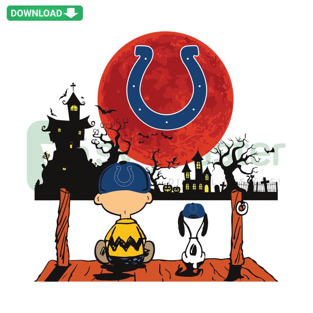 Charlie Brown Snoopy watching Indianapolis Colts, high-res SVG; Peanuts character NFL team fan design.