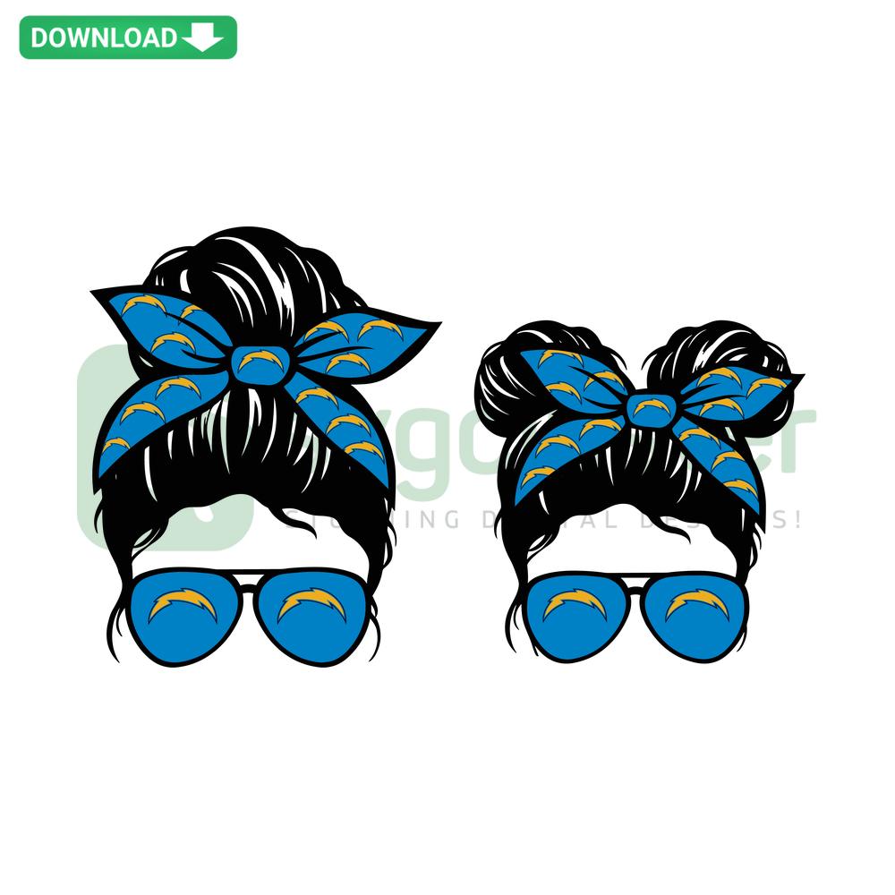 Los Angeles Chargers Football Messy Bun Mom Kid SVG Design, Perfect for Scrapbooking, Sports Fan Crafting
