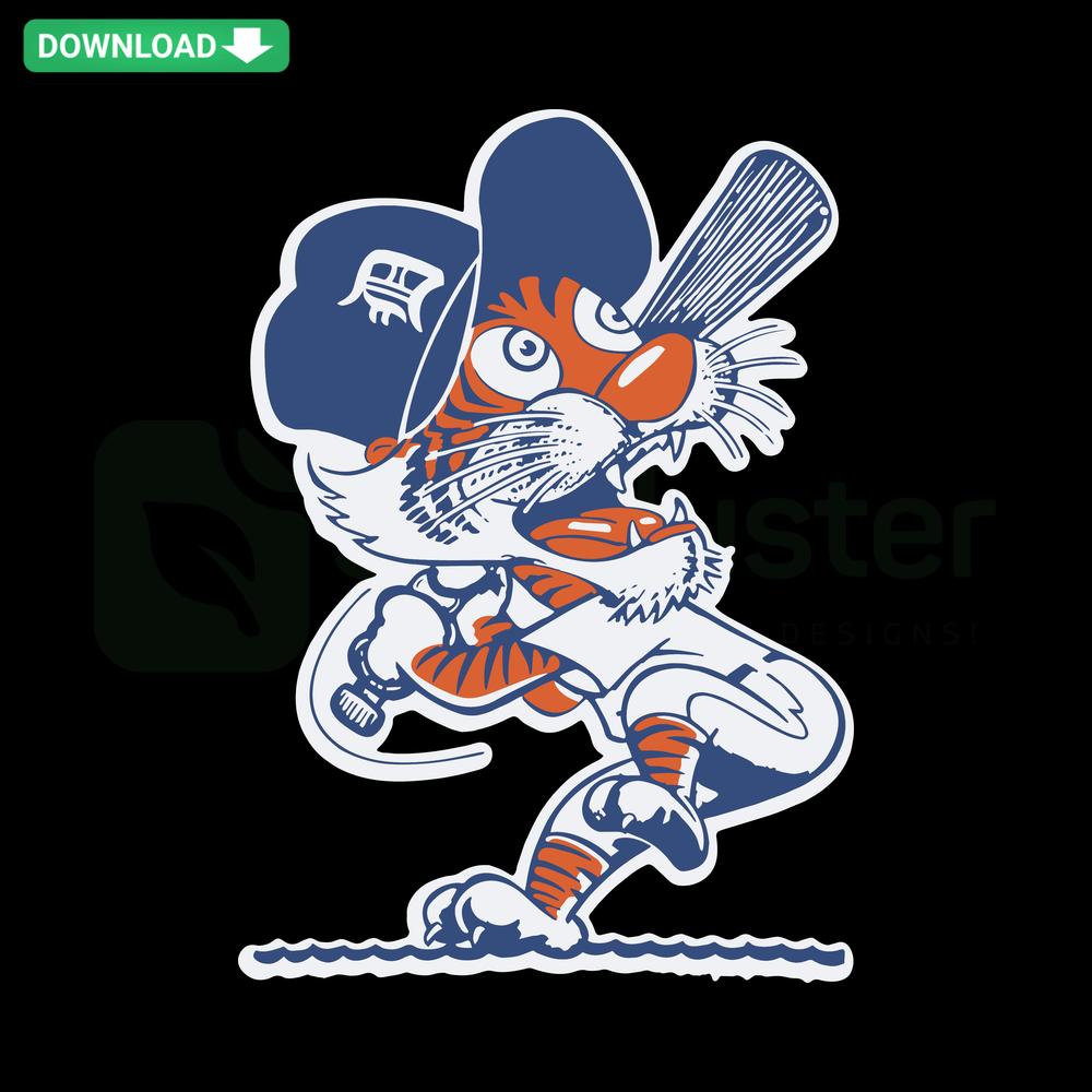 Detroit Tigers vintage cartoon baseball MLB SVG design, digital download featuring Tiger mascot, retro style, ideal for crafts.