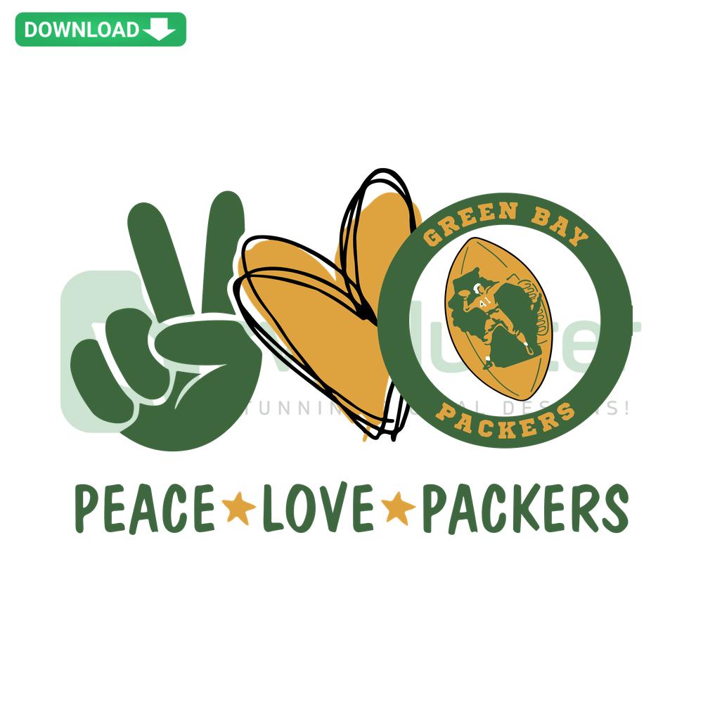 Peace Love Green Bay Packers SVG - Home Decor Football Design featuring peace signs, hearts, and Packers logo.