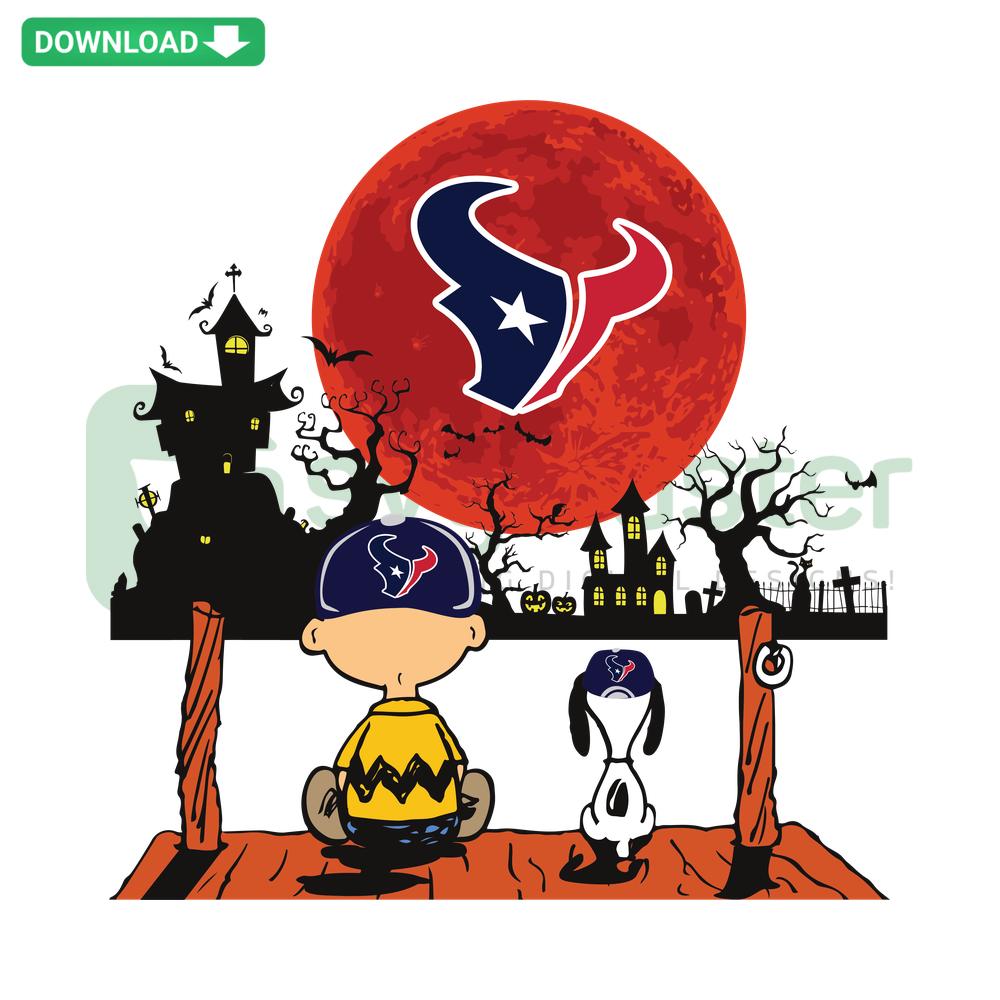 Charlie Brown, Snoopy watching Houston Texans SVG; perfect SVG design resource for designers, football, cartoon mashup.