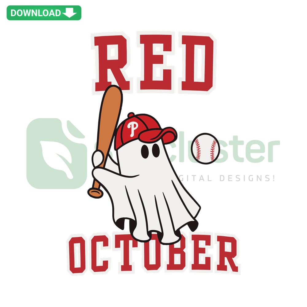 Cute ghost in Phillies Red October theme SVG, perfect for Halloween designs. Commercial use.