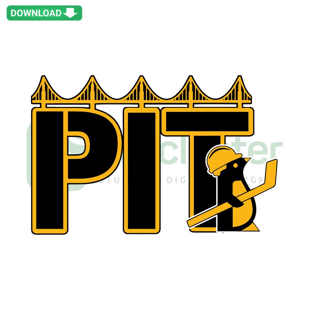 Pittsburgh skyline with iconic bridges, hockey sticks, and penguins; SVG digital file for commercial use, instant download.