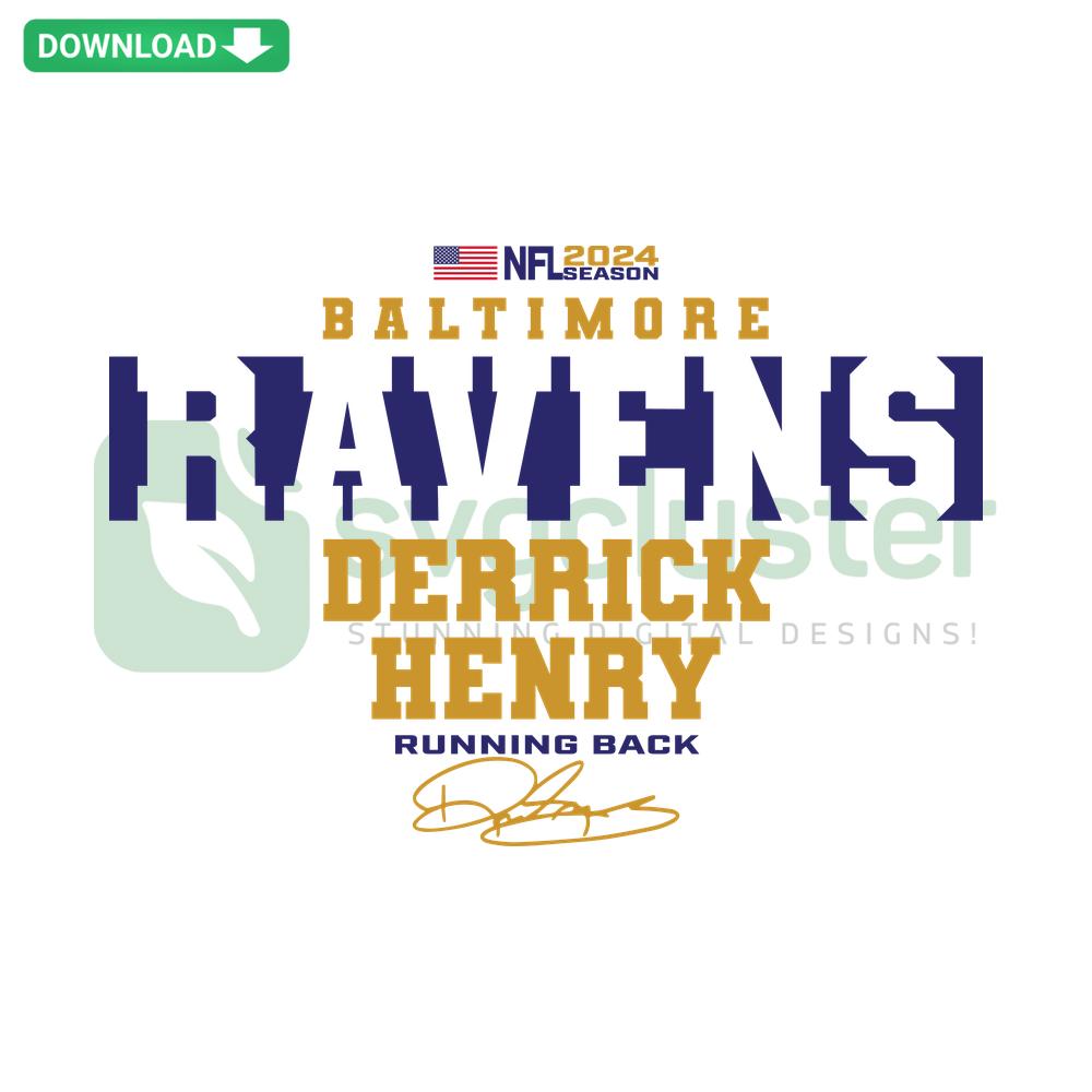 Baltimore Ravens Derrick Henry Running Back SVG, card template, detailed football design with player silhouette and team colors.