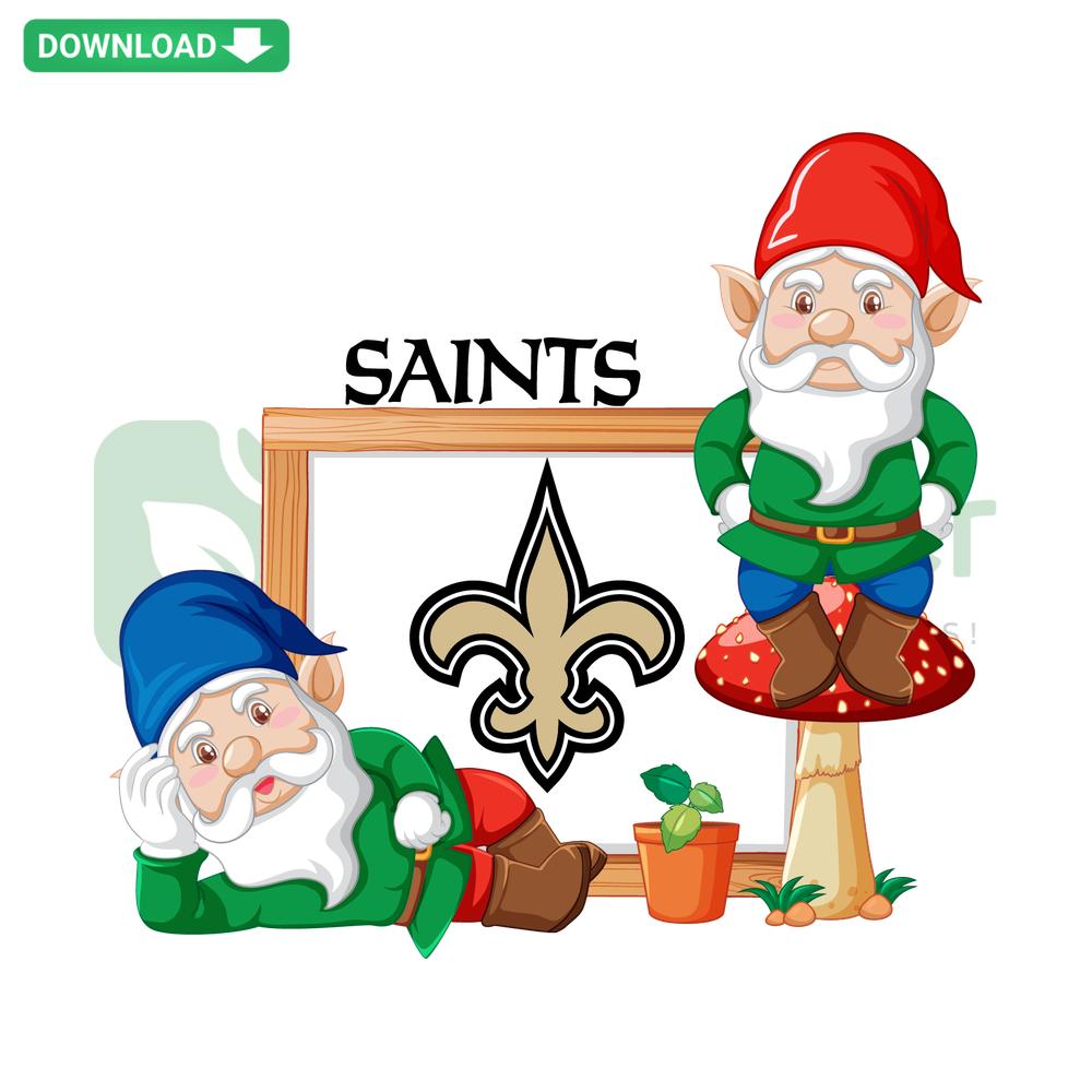 Gnome holding New Orleans Saints logo with football, black and gold color scheme, SVG digital download, instant access.