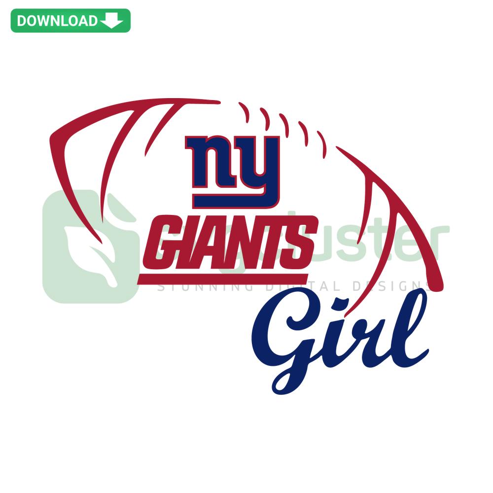 NY Giants Girl Football SVG: Cartoon girl in NY Giants gear with football, digital download, instant SVG, sports design.