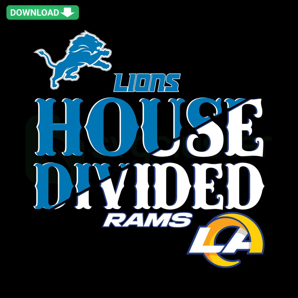 House Divided Lions and Rams SVG design, perfect for craft projects, featuring split team logos and patterns for digital download.
