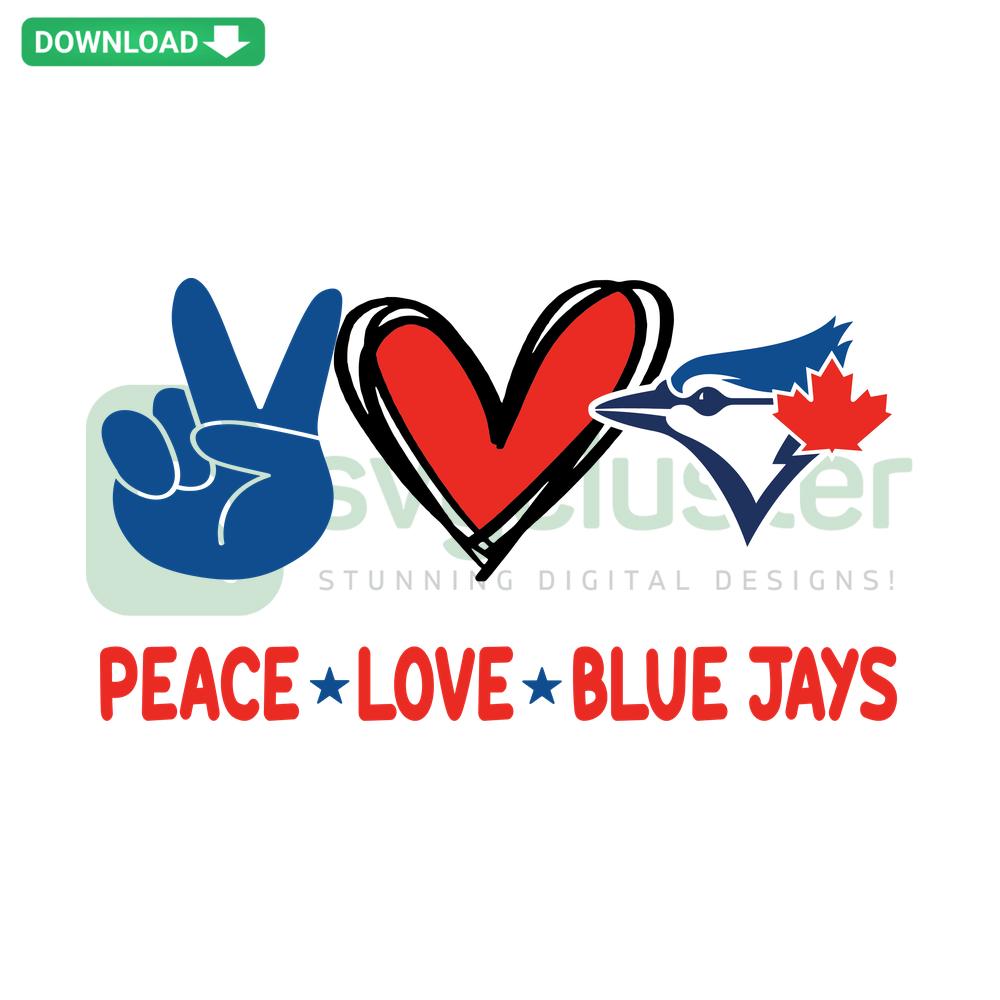 Peace Love Blue Jays SVG - Vibrant heart and peace sign with blue jay graphics, vector download for crafting and DIY projects.