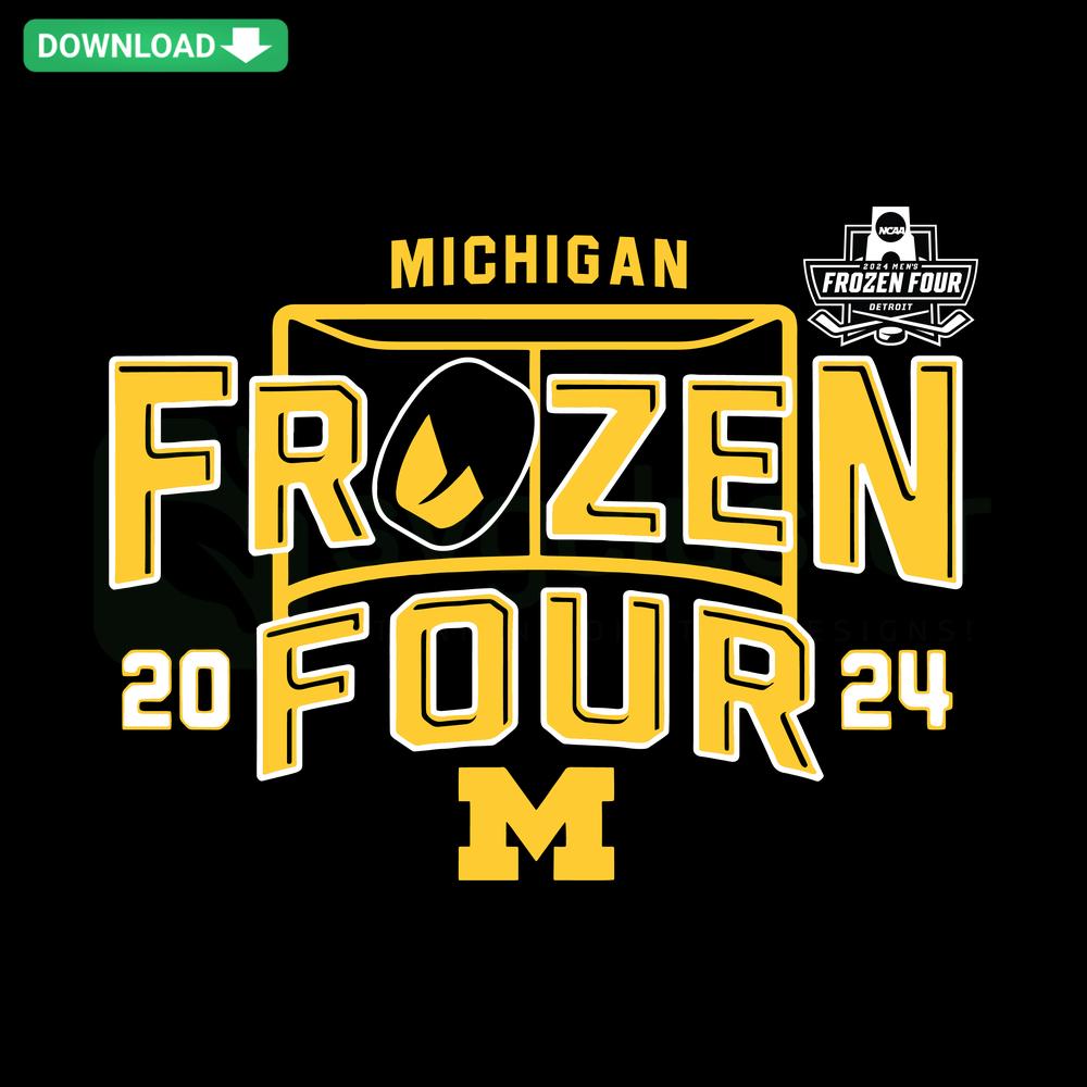 Michigan Wolverines 2024 Men's Frozen Four Hockey SVG, featuring team logo, vivid blue and yellow colors, perfect for printable crafts.