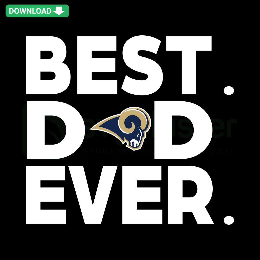 Bold Best Rams Dad Ever text with a ram's head icon, ideal for Cricut crafts. SVGCluster digital download for Rams fans.