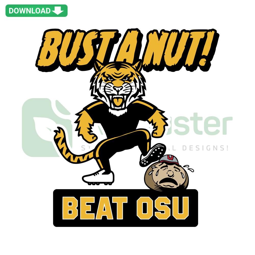 Bust A Nut Missouri College Beats OSU SVG, Cricut Digital Files, bold collegiate font with playful squirrel graphic.