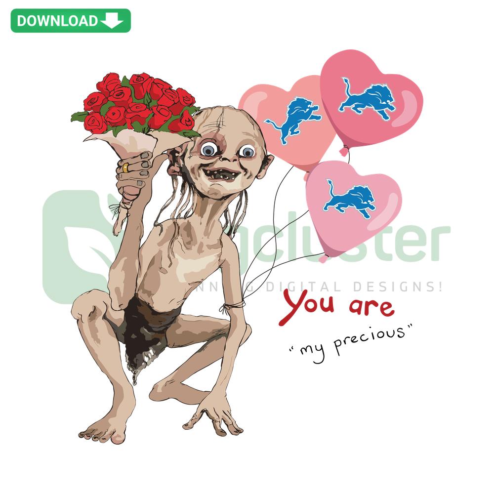 Gollum holding Detroit Lions logo, humorous You Are My Precious quote, SVG file for vibrant wall art decor.