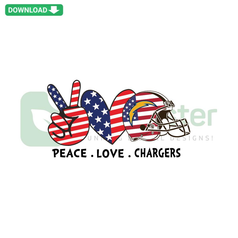 Independence Day Peace Love Los Angeles Chargers SVG, Editable Cricut design featuring heart and Chargers logo elements.