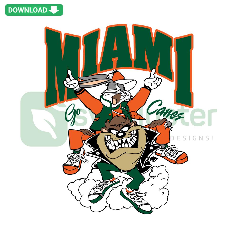 Looney Tunes Miami Go Canes SVG featuring iconic characters, perfect instant download for Cricut; ideal for sports-themed crafts.