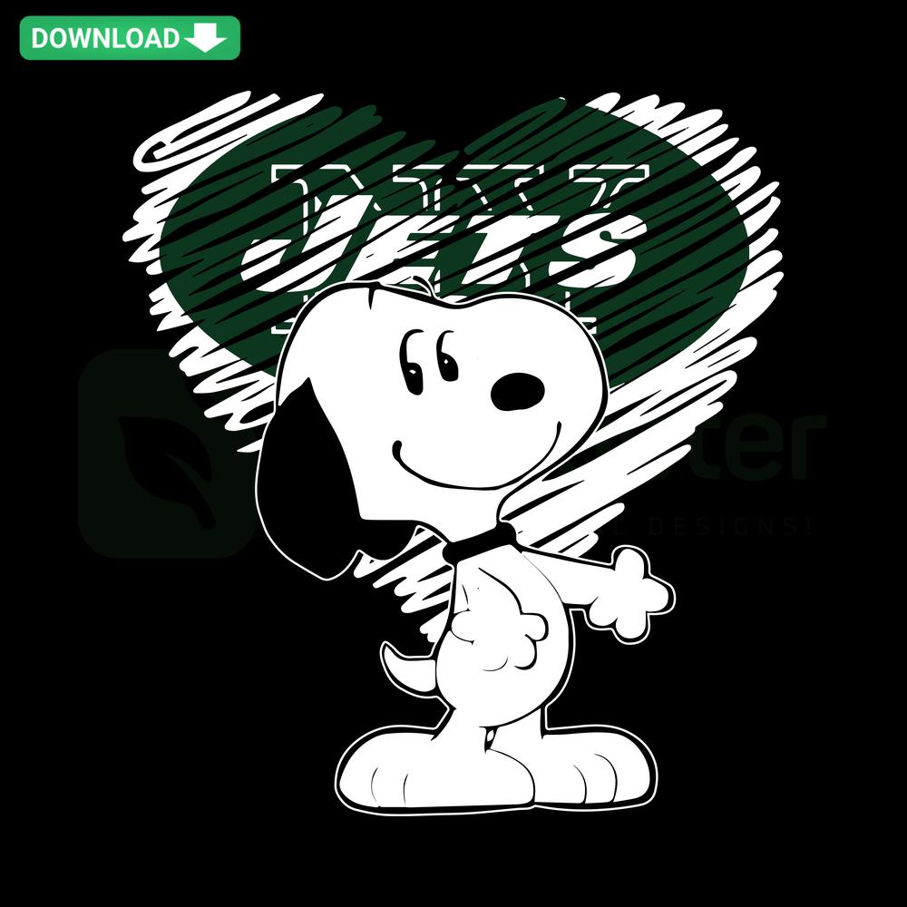 Snoopy Heart NY Jets SVG; Snoopy hugging green heart with New York Jets logo, perfect for SVG cut files and Jets fans.