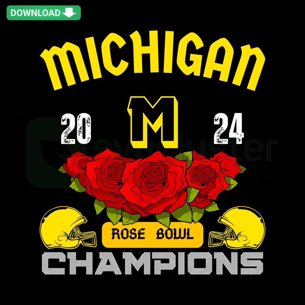 Michigan 2024 Rose Bowl Champions SVG, high-resolution digital download, featuring bold blue and maize team logo and trophy design.