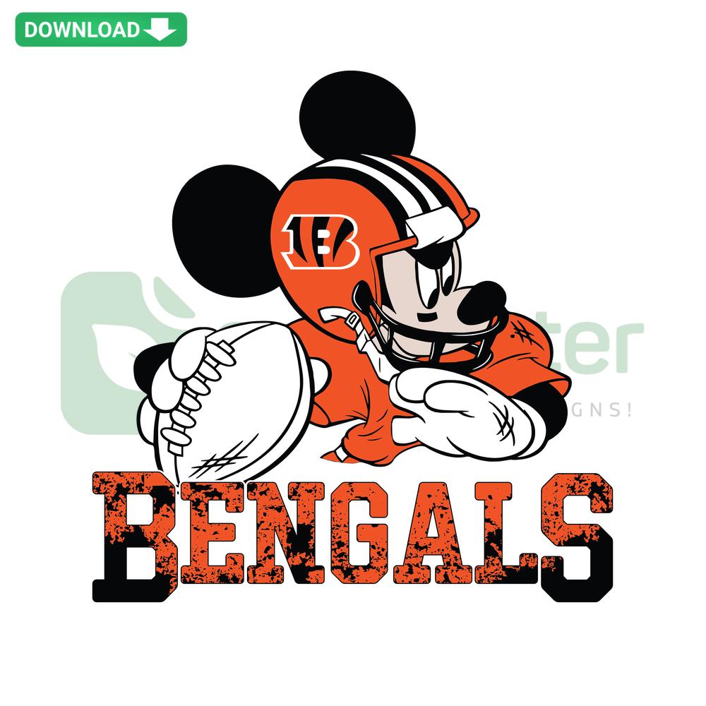 Mickey Mouse in Bengals uniform kicking football, Cincinnati Bengals SVG, high-resolution digital download.