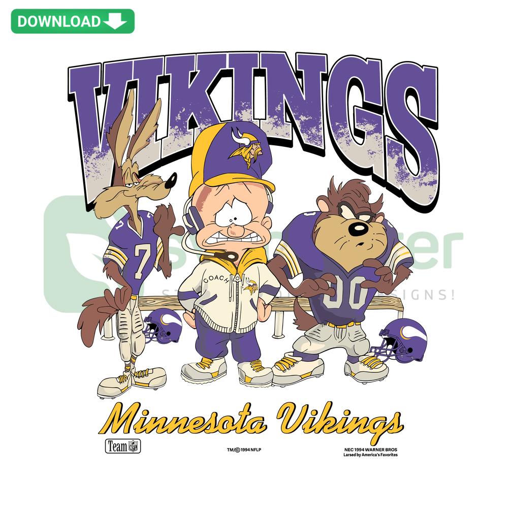 Looney Tunes Minnesota Vikings Football SVG, featuring cartoon characters in Vikings gear, editable SVG for digital projects.