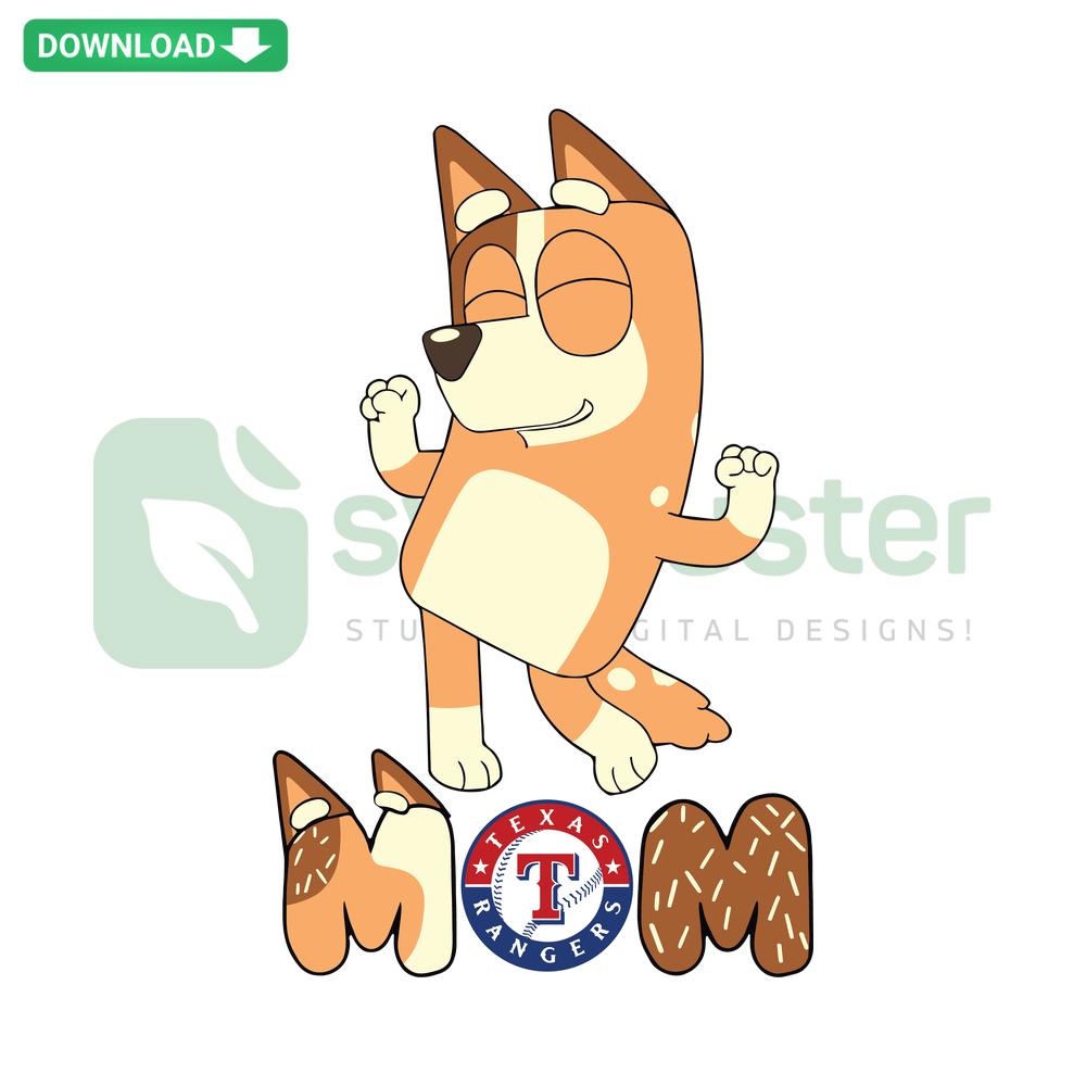 Bluey Mom Texas Rangers Baseball SVG featuring cartoon character in a Rangers cap, perfect for wall art and DIY projects.