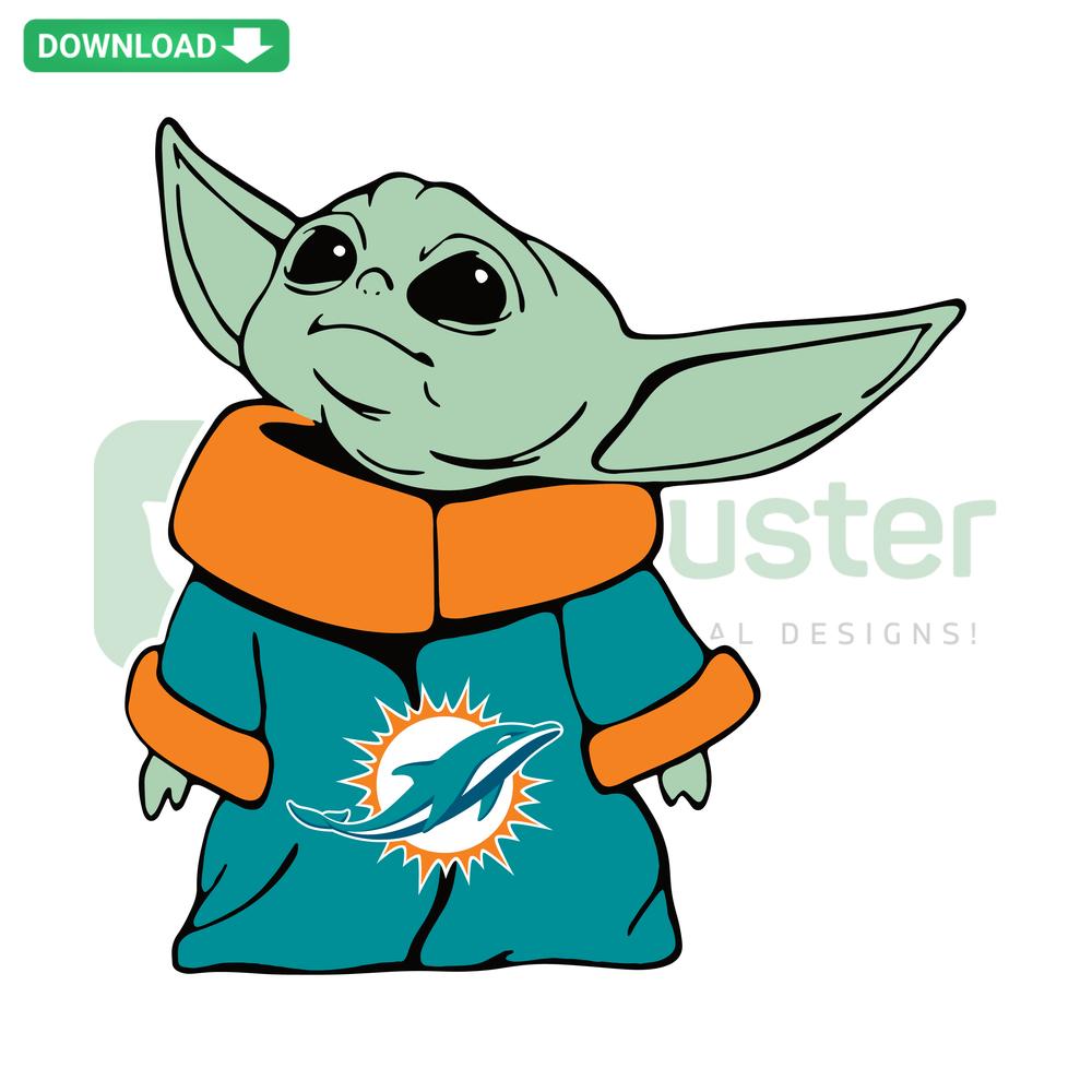 Miami Dolphins Baby Yoda SVG, NFL-themed vector with cute green alien in Dolphins gear, downloadable graphics.