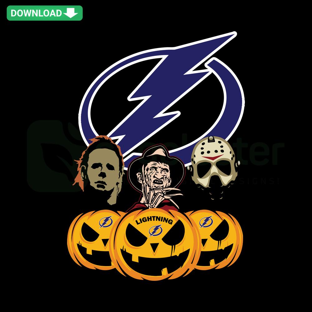 Tampa Bay Lightning Halloween Horror Pumpkin SVG: A spooky design for wall art featuring pumpkins and Lightning themes.