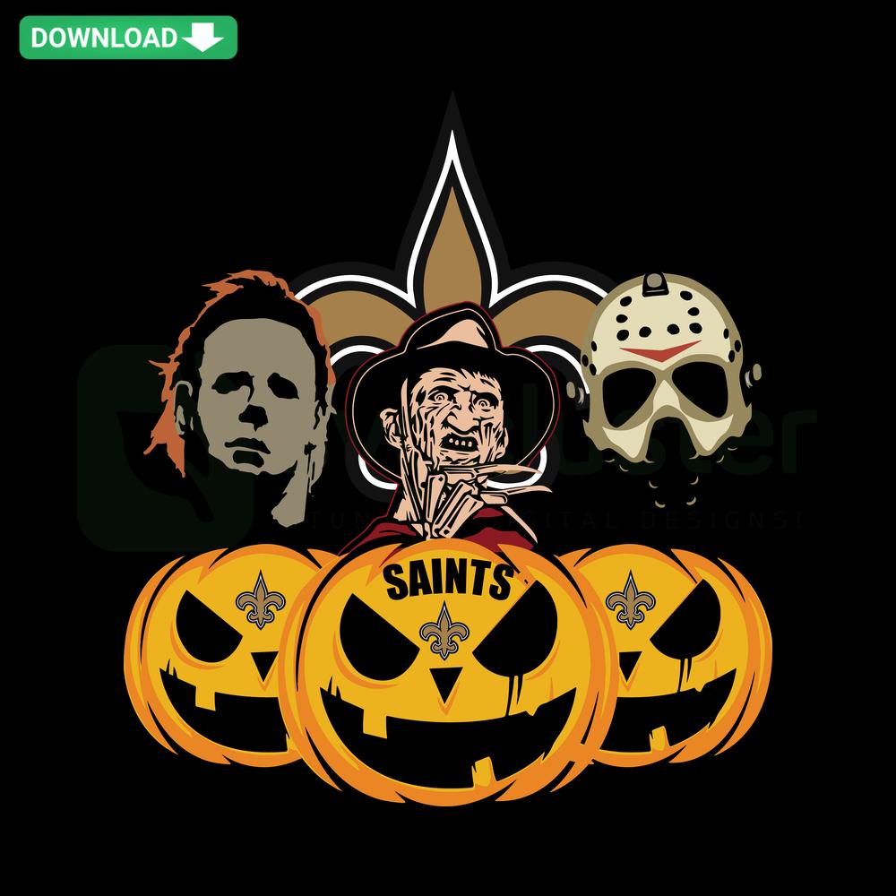 Halloween Horror Movie Pumpkin New Orleans Saints SVG: Spooky football-themed design for digital downloads