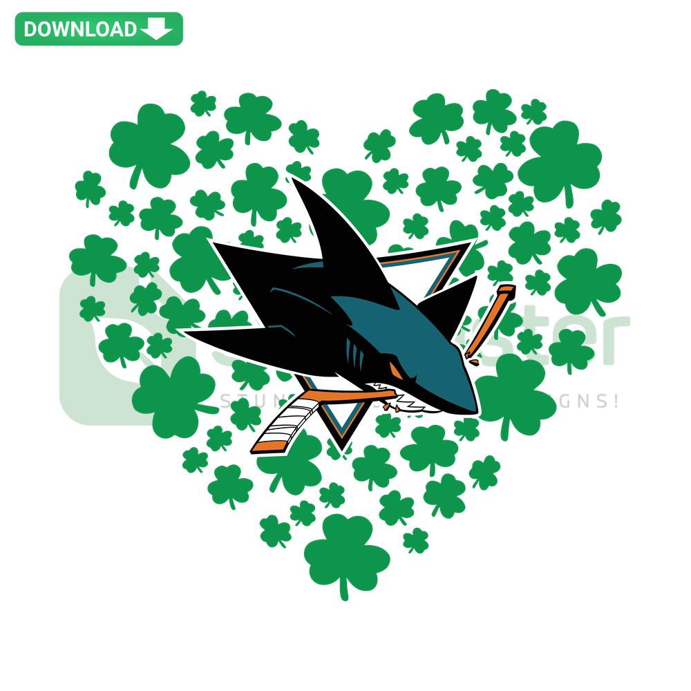 Clover Leaf St Patrick Day San Jose Sharks SVG, featuring green clover and black Sharks logo, perfect for festive projects.