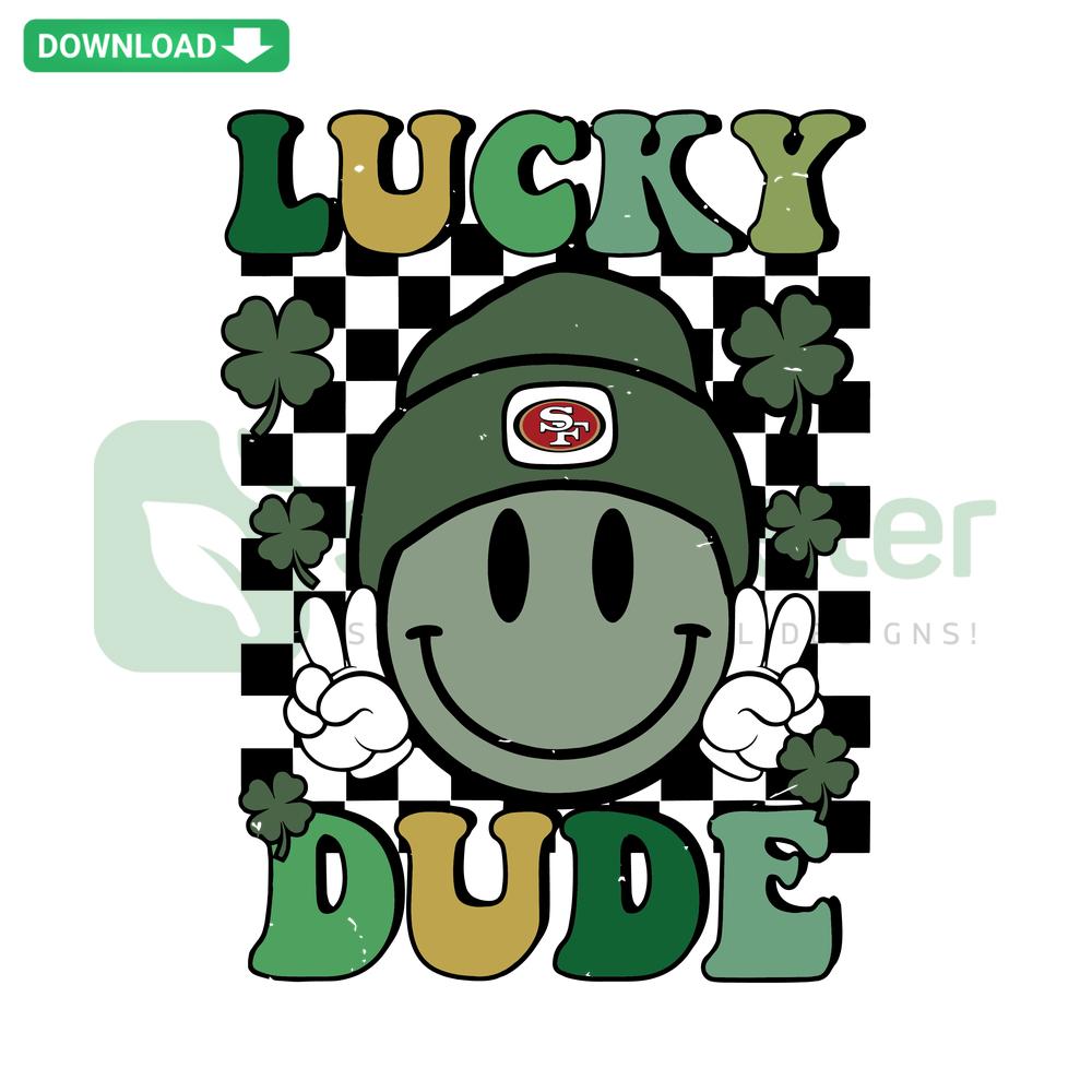 San Francisco 49ers SVG featuring a Happy Face Lucky Dude design, high-quality vector file for sports fans, NFL team merchandise.