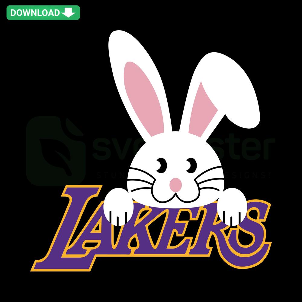 Cute Bunny Lakers Basketball SVG, Vector Graphic: Adorable bunny wearing Los Angeles Lakers jersey holding a basketball. Downloadable.