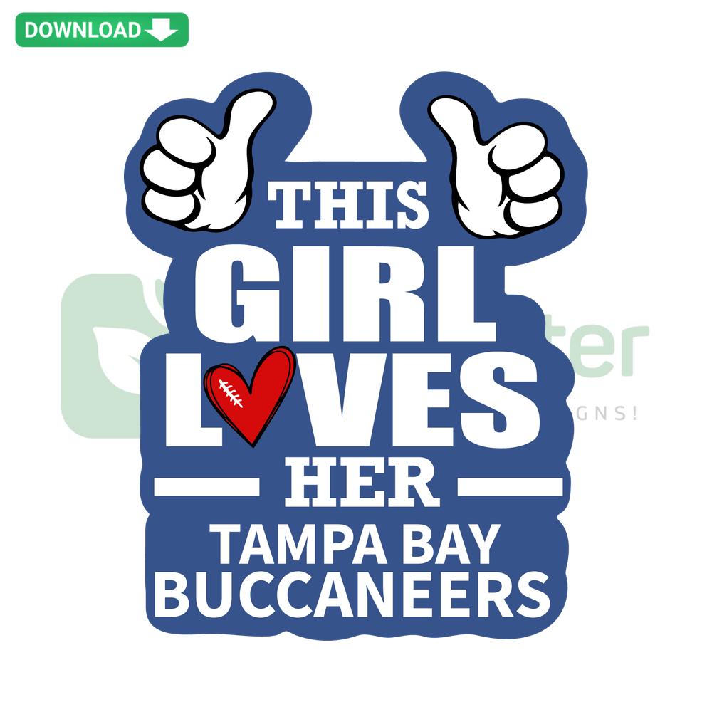 This Girl Loves Her Buccaneers SVG cut file featuring bold typography and heart graphics, perfect for Buccaneers fan crafts.
