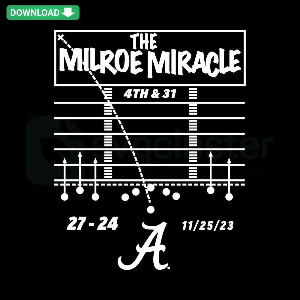Alabama Crimson Tide Iron Bowl SVG design featuring Milroe Miracle text in bold, custom football-themed graphic.