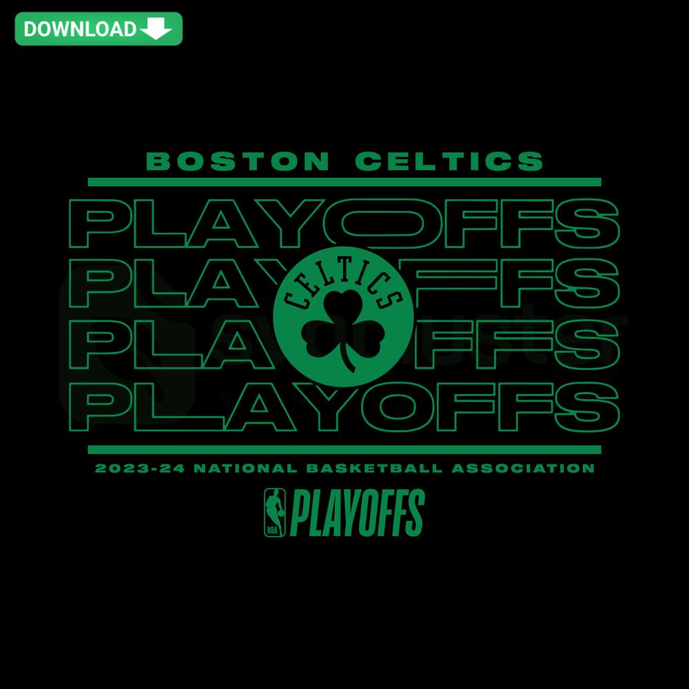 High-resolution Boston Celtics 2024 NBA Playoffs SVG featuring team logo and text in vibrant green and white colors.