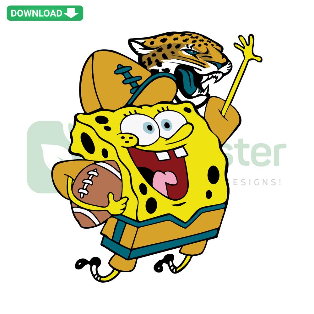 SpongeBob wearing Jacksonville Jaguars gear, SVG template for greeting cards, vibrant NFL fan design, cartoon sports graphic.