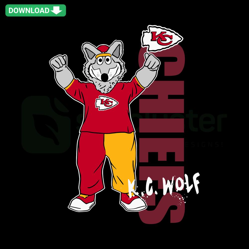 Kansas City Chiefs SVG: KC Wolf wearing team uniform, vector art, Outer Stuff SVG Design, perfect for fans and craft projects.
