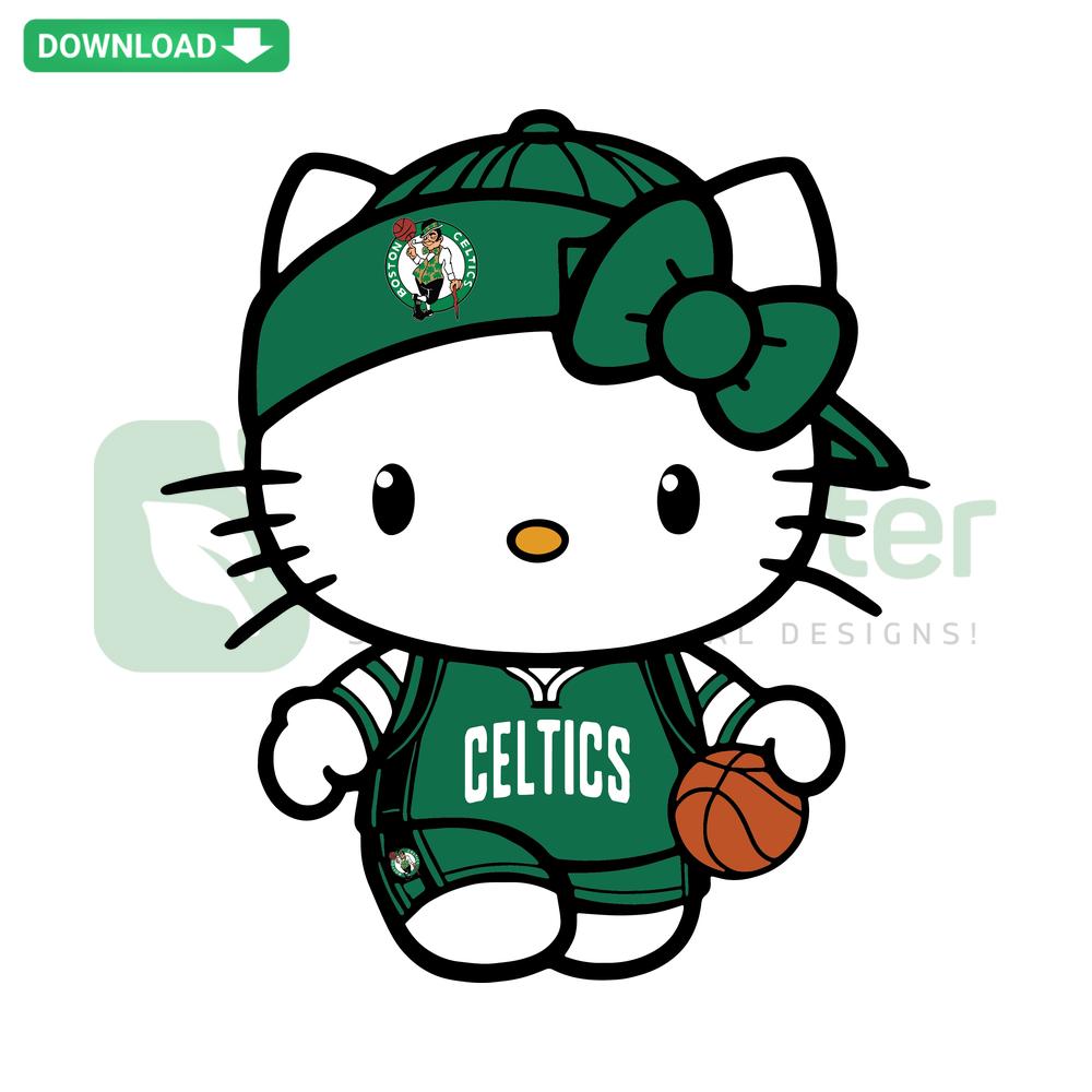 Hello Kitty in Celtics jersey SVG, NBA basketball themed digital craft patterns, Boston Celtics Hello Kitty design download.