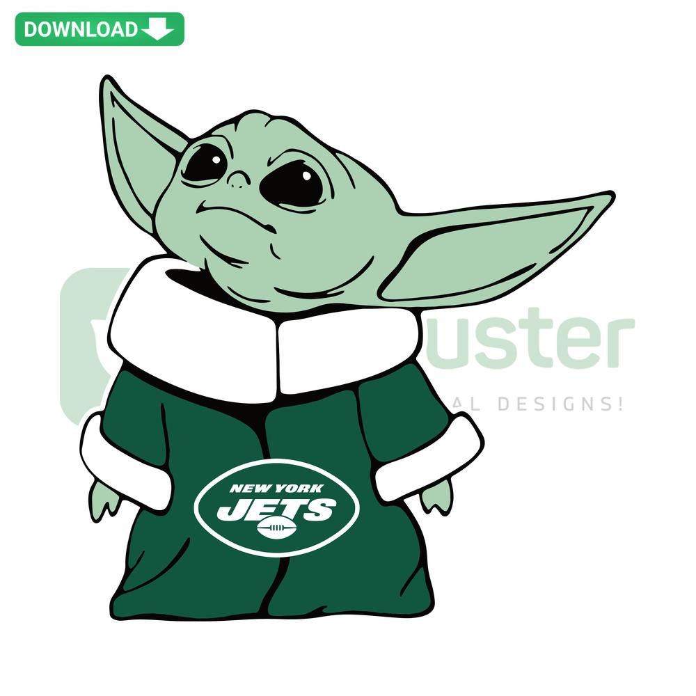 Baby Yoda in New York Jets gear, editable SVG for Cricut download, perfect for fans and crafting.