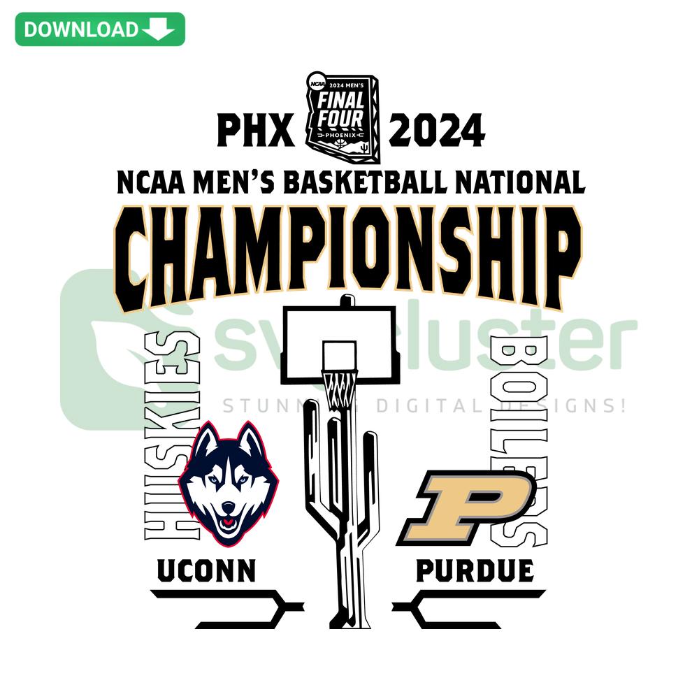 Purdue Boilermakers vs UConn Huskies 2024 NCAA Championship SVG Clip Art; basketball logo, team mascots, sports graphics.