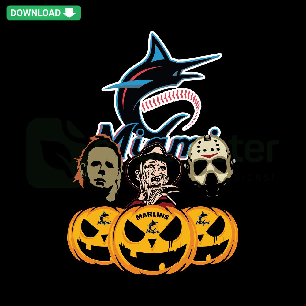 Miami Marlins Halloween Horror Pumpkin SVG, spooky baseball-themed SVG cut file with Marlins logo and eerie pumpkin design.