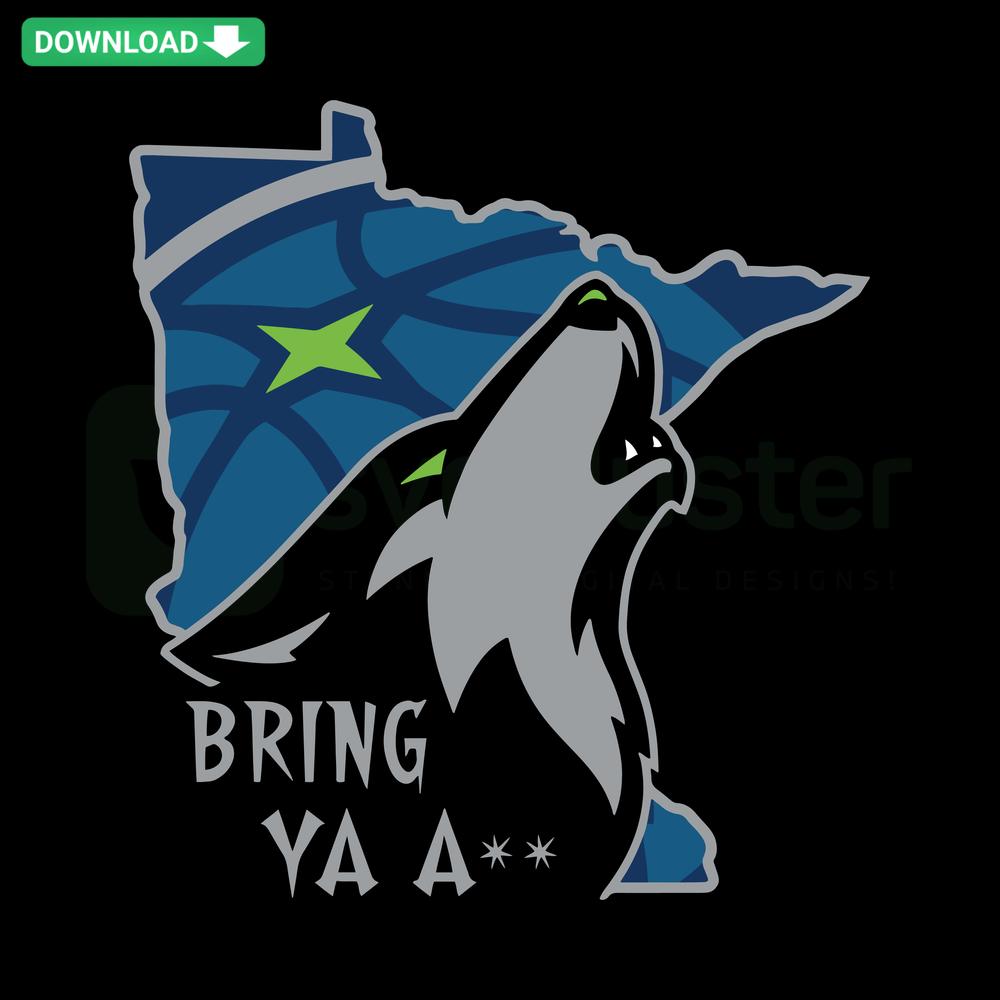 Wolf cartoon with basketball, Bring Ya Ass slogan, Minnesota theme SVG design for scrapbooking. Ideal for sports-themed crafts.