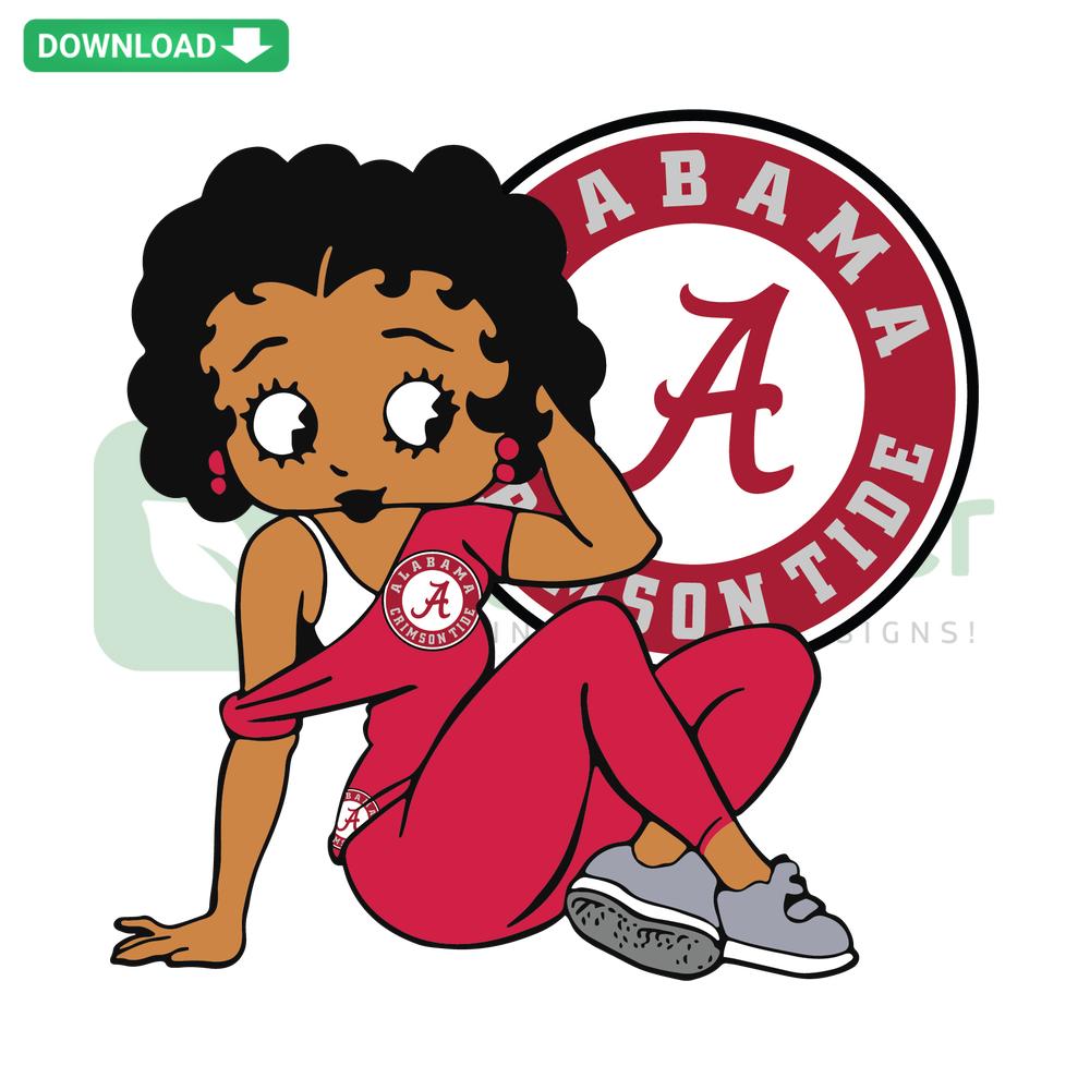 Alabama Crimson Tide Betty Boop SVG, featuring Betty in a Crimson Tide outfit, perfect for Cricut digital crafts and downloads.