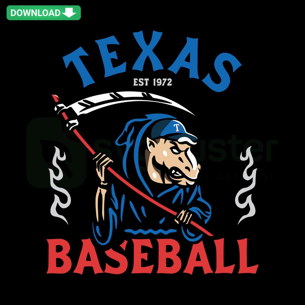 Retro Texas Ranger Reaper Baseball SVG Graphic Design, features a skeleton ranger with a bat, printable vector design file.