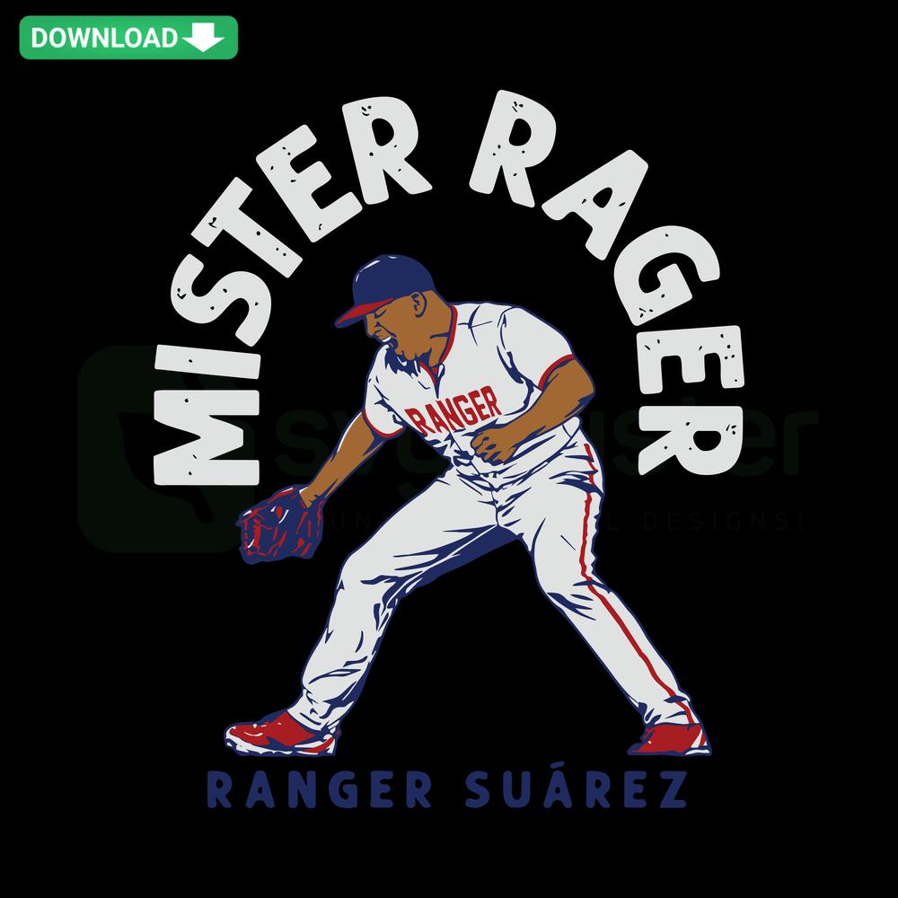 SVG design featuring Ranger Suarez Mr Rager baseball theme, Philadelphia Phillies logo, perfect for Cricut, instant download.