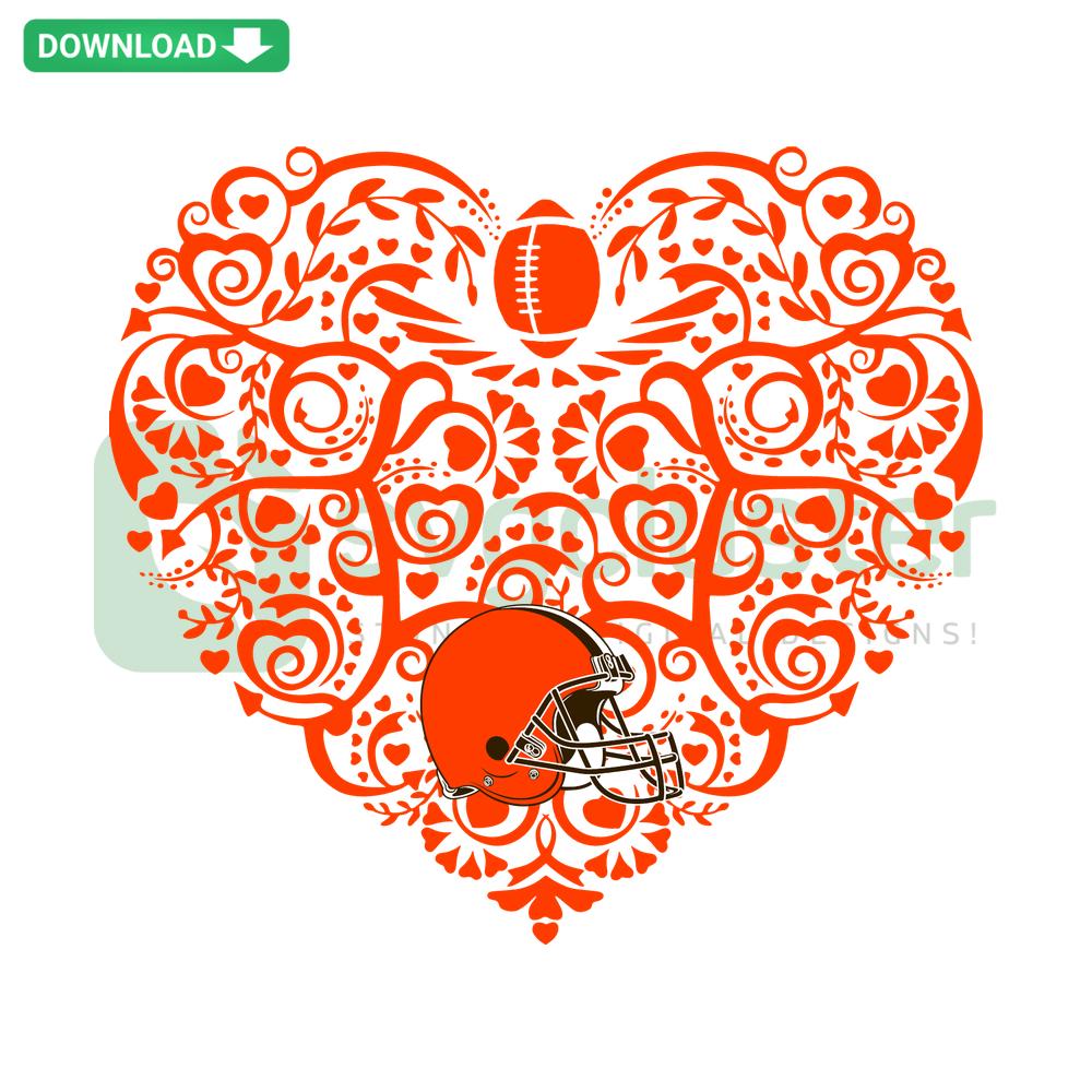 Heart-shaped Cleveland Browns logo SVG template for cards with football pattern design. Perfect for NFL fan crafts.